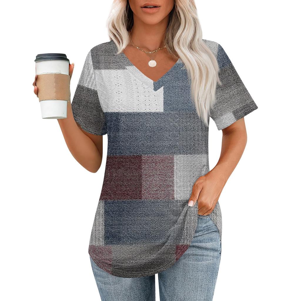 Womens T Shirts V Neck Short Sleeve Casual Tops Loose Fit Basic Tees With Curved Hem