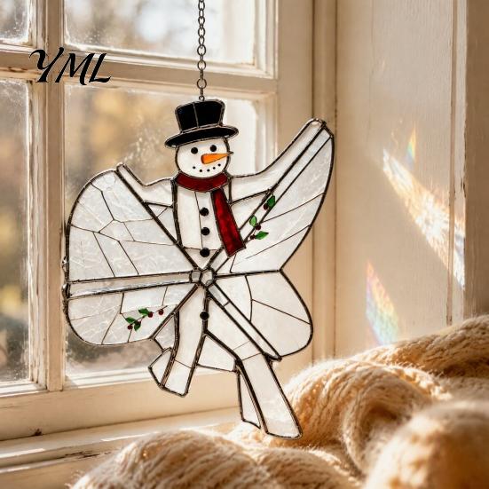 Christmas Tree Decor Snowman/Santa Claus/Deer Suncatcher, Stained Glass Style Pendant with Hanging Acrylic Chain, 2D Flat Ornament for Garden