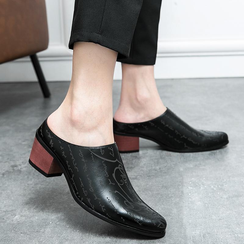 Мужские туфли-мулы, черные кожаные сабо, летние туфли, удобные повседневные туфли с открытой спиной и полуботинками, увеличивающие высоту каблука