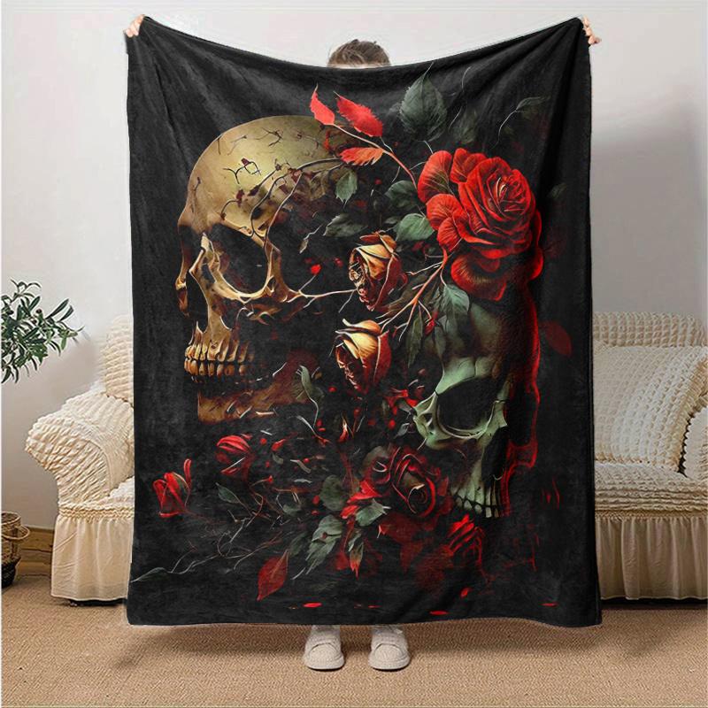 1pc Skulls in Bloom Blanket Soft and Cozy Home Decor Gift for All Seasons, Living Room, Travel, Camping, Car Blankets