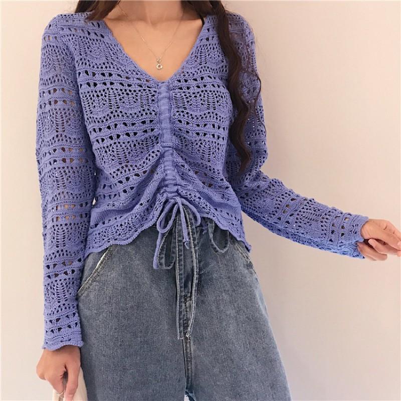 Womens Openwork Knit Sweater Loose Thin Long Sleeve Top Early Street Style