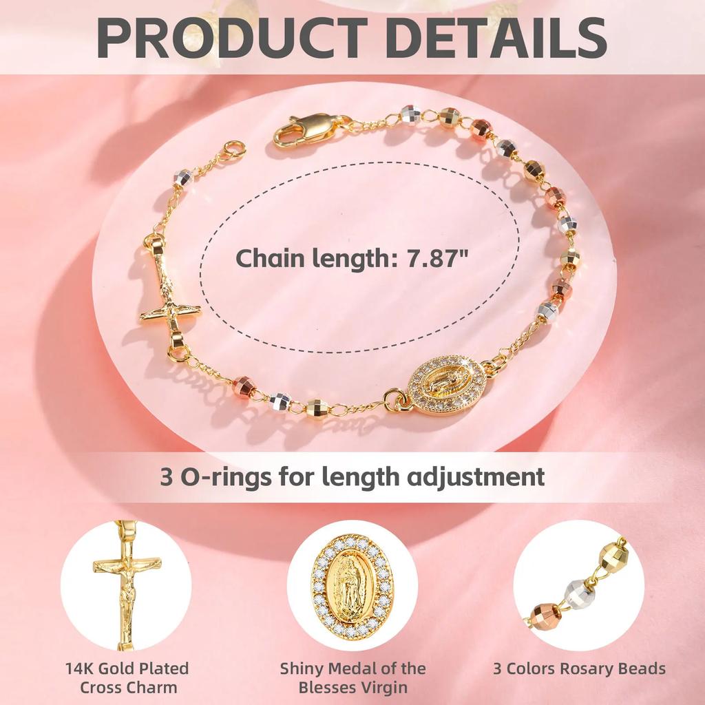 Браслет-четки с крестом Девы Марии для женщин, трехцветный регулируемый браслет-цепочка с изображением Девы Гваделупской, ювелирный подарок