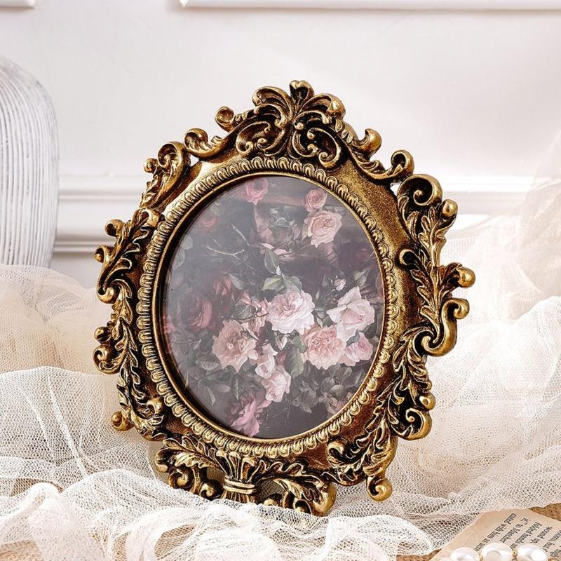 Круглая фоторамка ручной работы, античное золото, резьба, с подвесным крючком и подставкой для настенного или настольного декора, для демонстрации