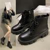 Мода 2024 Зима Корейский Комфорт Мотоциклетные Ботинки До Середины Икры Женская Обувь Платформа Шнуровка Боковая Молния Женские Ботинки Нескользящие Теплые Ботинки Для Снегохода