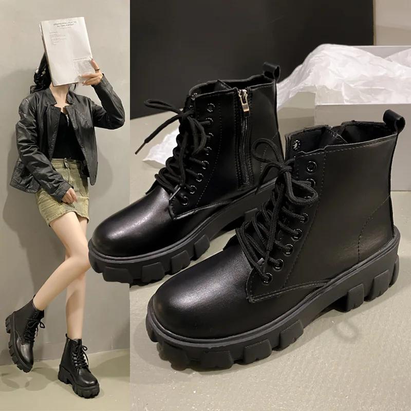 Мода 2024 Зима Корейский Комфорт Мотоциклетные Ботинки До Середины Икры Женская Обувь Платформа Шнуровка Боковая Молния Женские Ботинки Нескользящие Теплые Ботинки Для Снегохода