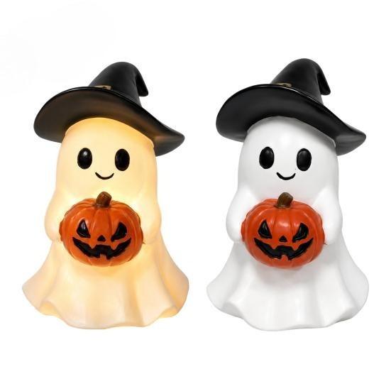 Safety flameless night lights Halloween ghost statues, cute resin holding pumpkins decorate holiday statues for tabletop interior home decoration