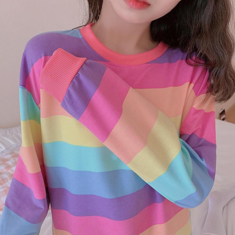 Женские топы, осенняя рубашка в радужную полоску с длинными рукавами, Harajuku, студентка, корейская версия, свободный пуловер