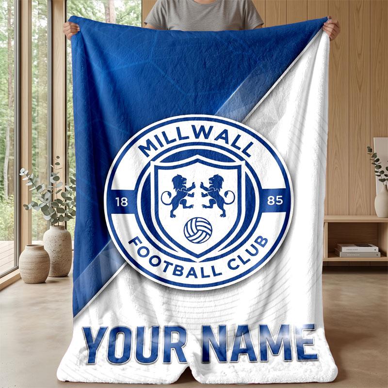 Millwall Custom Name Text Flannel Blanket Soccer Logo Personalized Fleece Throw Blanket Special Gift For Sofa Bedroom Home