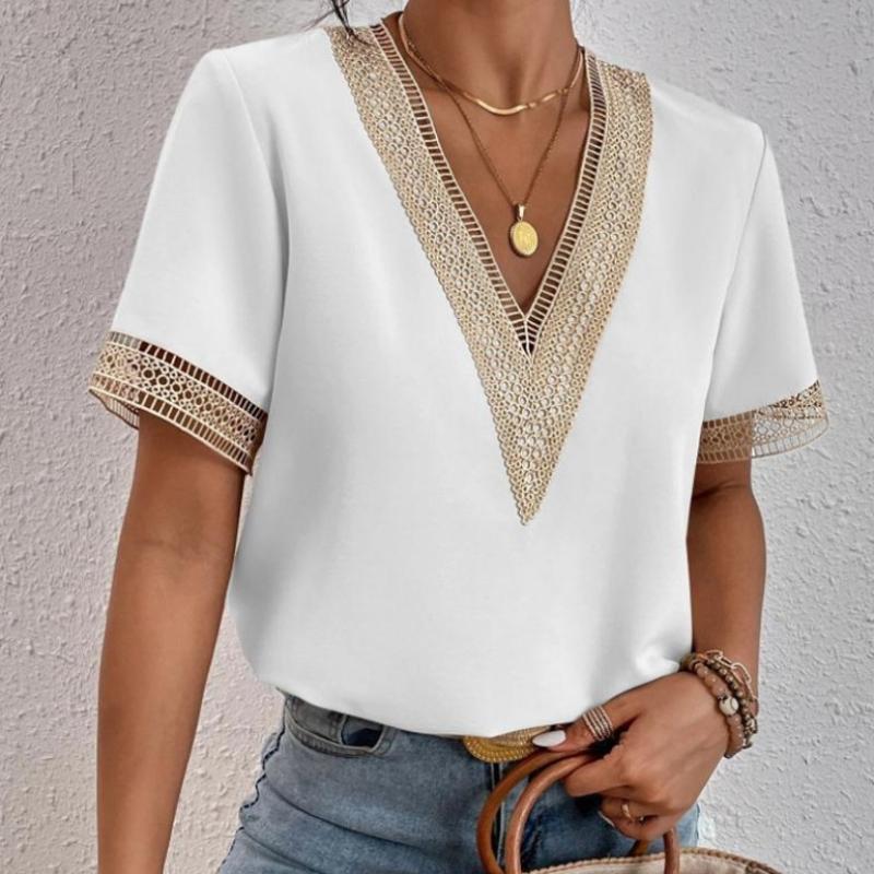 Женские модные повседневные летние весенние однотонные кружевные блузки и рубашки с v-образным вырезом и короткими рукавами с принтом