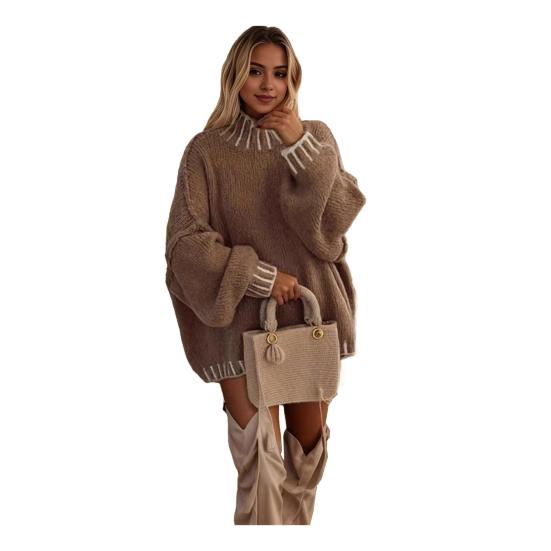 Women Oversized Pullover Sweater Turtleneck Long Sleeve Patchwork Color Winter Knitting Tops Loose Fit Thickened Knit Jumper Tops