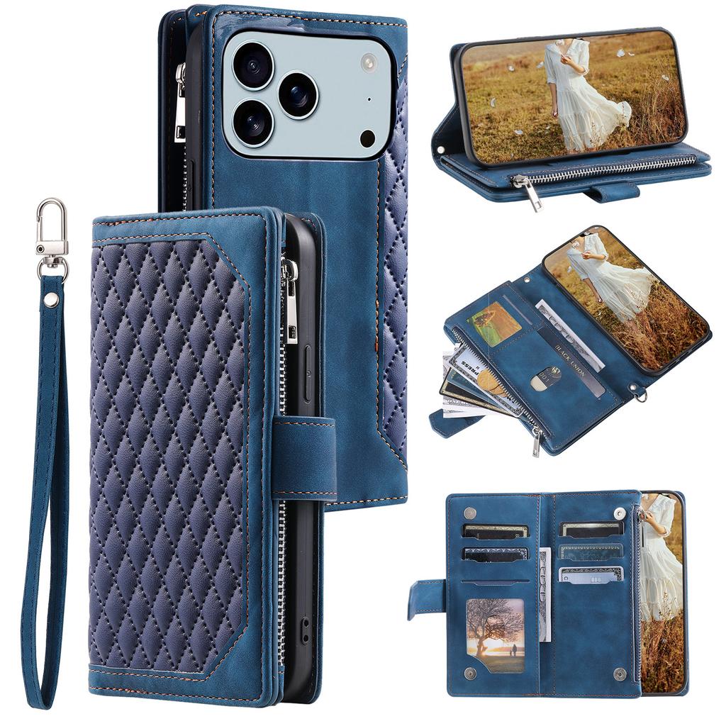 Чехол-кошелек для iPhone 17 Pro Max, ромбовидная строчка, чехол для телефона из ПУ кожи с ремешком на запястье