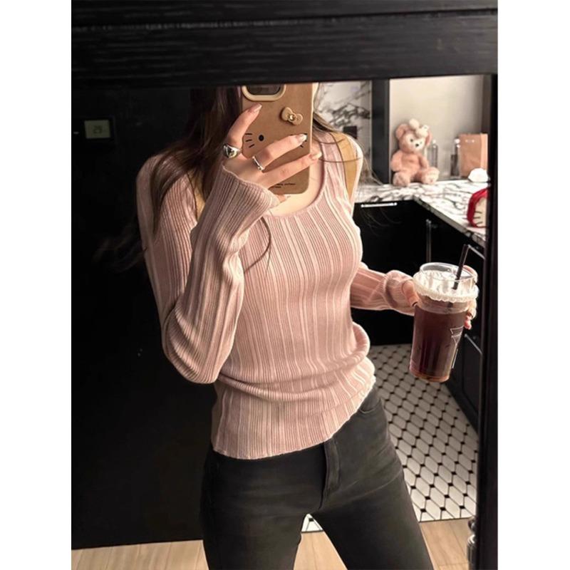 Универсальная простая однотонная вязаная облегающая тонкая футболка с длинным рукавом женская новинка начала осени приятная к коже базовая рубашка топ