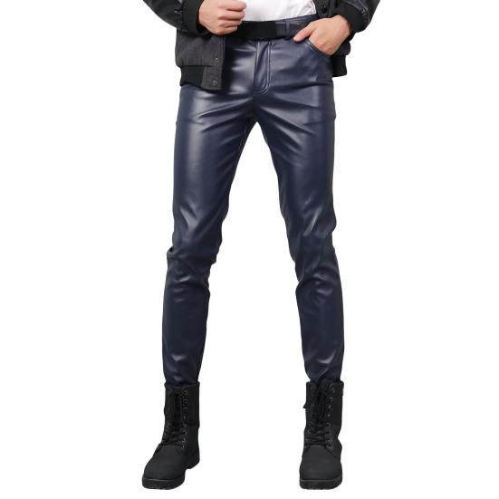 Мужские брюки из искусственной кожи средней посадки с гладкой застежкой-молнией на пуговицах