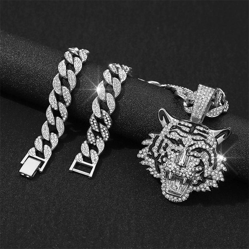 Domineering Ferocious Tiger Head Pendant Full Rhinestone Cuban Chain Animal Necklace Men's Hip Hop Punk Trend Jewelry Boy Gift