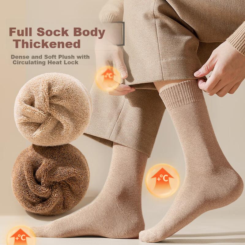 Men's Autumn Winter Thickened Fleece Mid-Calf Socks Warm Sweat-Absorbing Black Terry Socks 5 Pairs