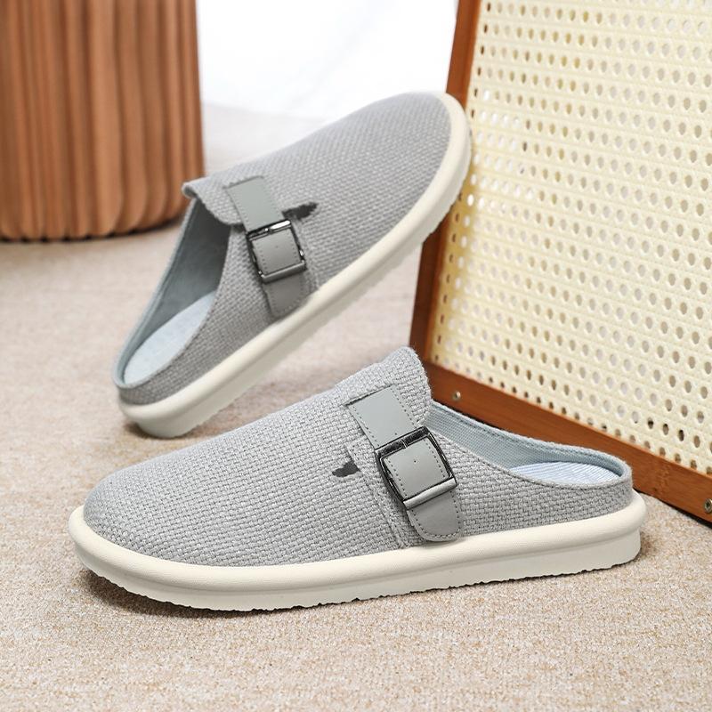 Мода 2025 Мужские льняные шлепанцы с закрытым носком Летние дышащие тапочки для дома и улицы Большого размера Комфортная повседневная офисная обувь для поездок