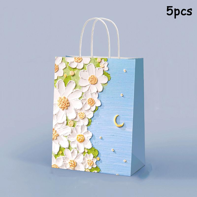 5pcs Kraft Paper Gift Bags Summer Holiday Gifts Bag Birthday Wedding Party Favor Bag Portable Gift Bag 3D Oil Painting Handbag
