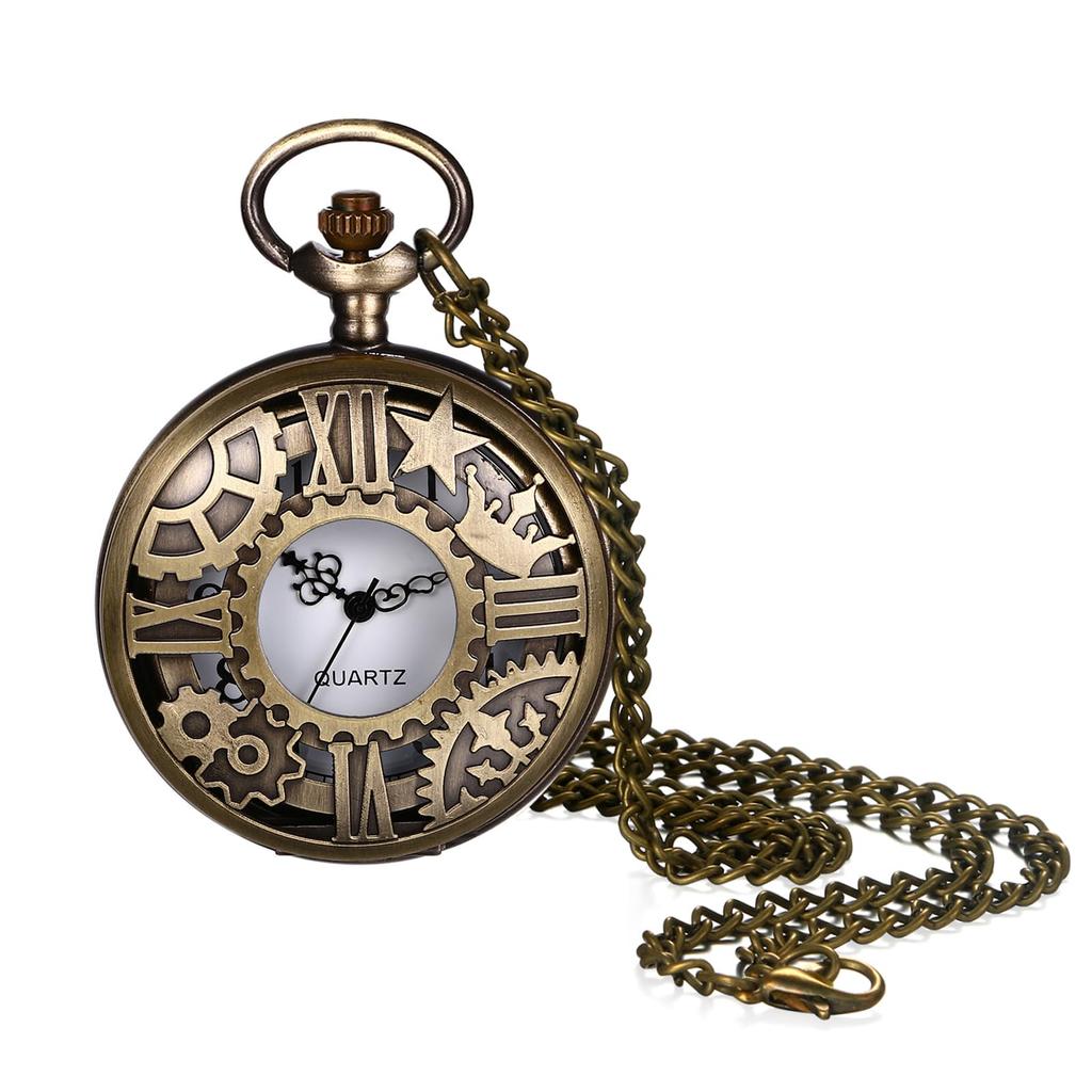 Pocket Watch Antique Retro Skeleton Gear Crown Pendant Watch Chain Necklace Pocket Watch Bronze