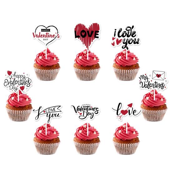12Pcs Sweet Valentine Day Cupcake Toppers Heart Shape Letter Print Cake Topper Decoration Food Appetizer Stand