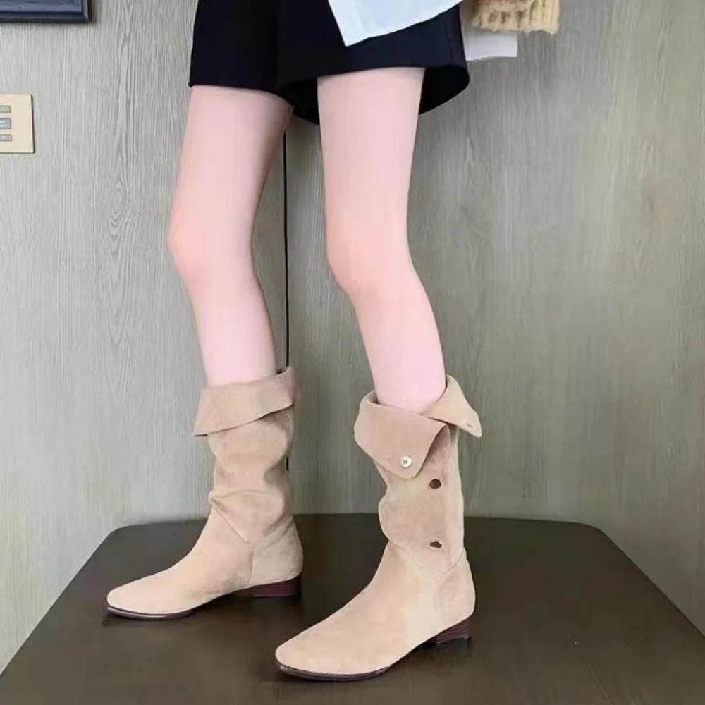 Модные женские ботинки Осень и Зима Новые Остроносые Средней Длины Западные Ботинки Ковбоя Женские Лацкан Плиссированные Наборки Ботинок Женская Обувь Дамы