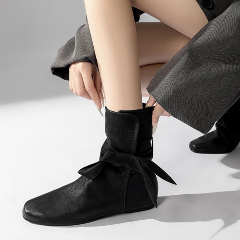 Fashion Design Vintage Bow Short Boots 2025 Autumn French Style Soft Sole Non-slip Low Heel Boots Solid Color Versatile Women's Boots