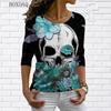Длинные рукава Черепа и цветочный 3D принт Женские уличные хип-хоп футболки весна осень свободные повседневные топы с круглым вырезом большого размера