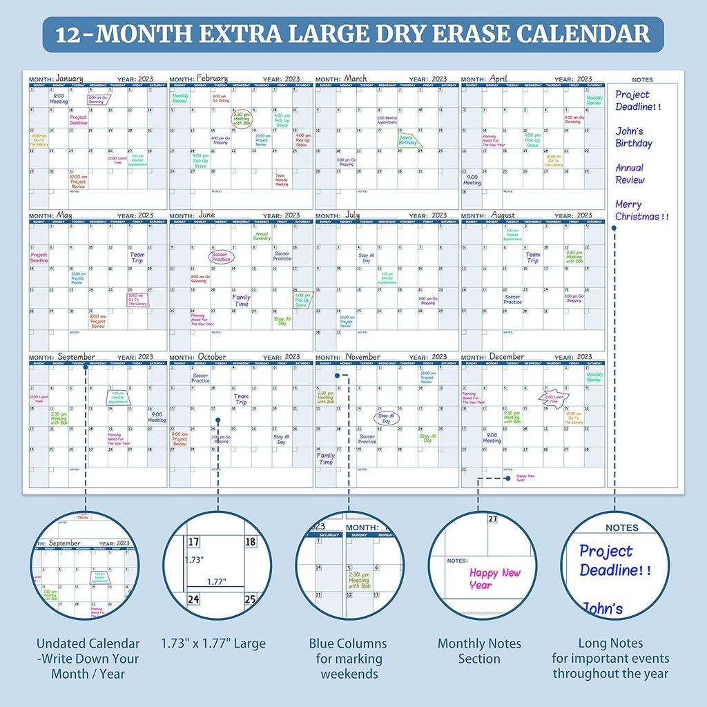 Large Dry Erase Calendar for Wall – Yearly Wall Calendar Dry Erase, 37" x 57.9", 12-Month Undated Blank Calendar Planner, Reble Laminated Task
