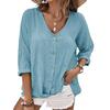 Color Large Size Neck Soft Buttons Single-breasted V Long Sleeve Solid Breathable Vintage Loose Mid Length Top