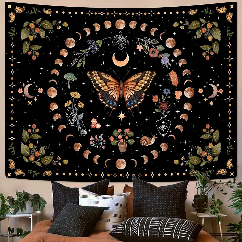 Moon Phase Tapestry Wall Hanging Butterfly Flower Boho Floral Plant Botanical Tapestries Window Vintage Carpets For Living Room