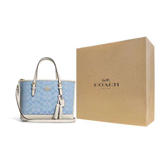 Coach Серия Mollie Классическая холщовая и кожаная сумка-тоут Сумка для покупок Ручная сумка через плечо 25 Женская сумка-тоут Синий Белый CA142-IMUDY