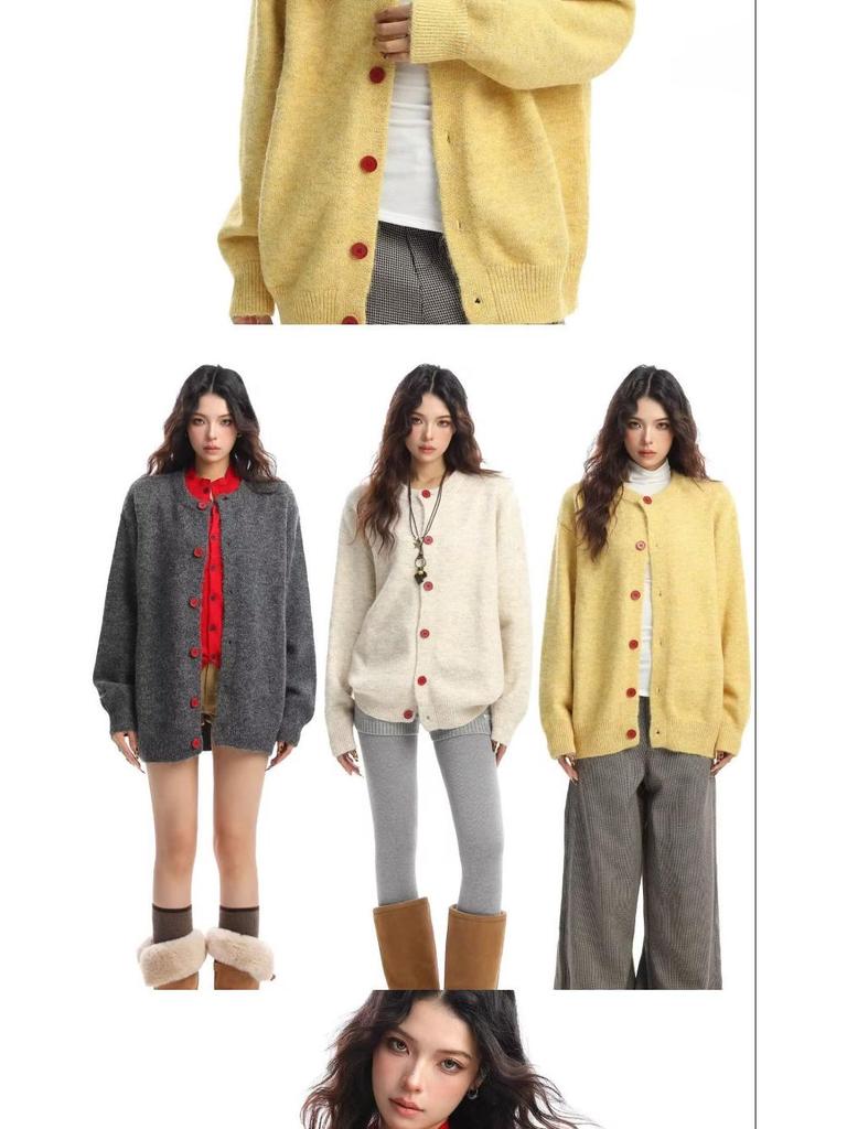 Женский мягкий вязаный кардиган Осень 2025 – Однотонный, с круглым вырезом, на деревянных пуговицах, свободного кроя, универсальный, пушистый кардиган-свитер