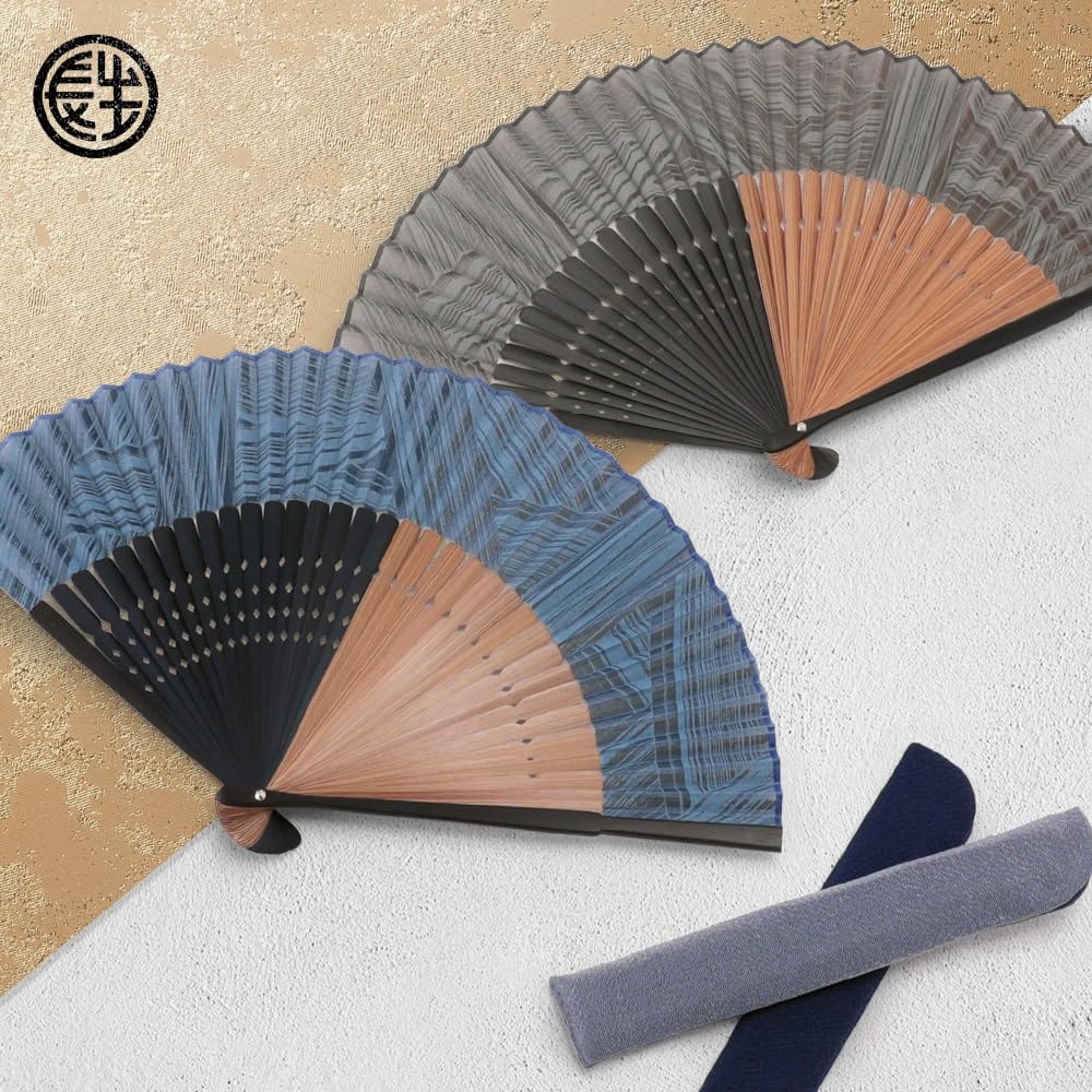 Stylish Folding Business with Fan Pouch and Short Rib Gauze Pattern [Osaka Choseido] Men's Fan, Style, Handkerchief, Two-Tone (Gray)