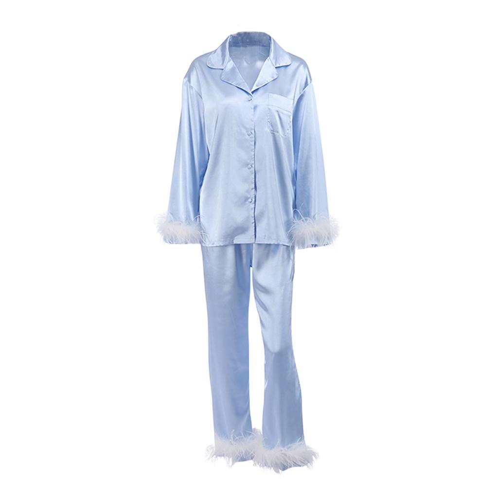 Women Spring Fall Soft Pajamas Sets Fur Feather Trim Long Sleeve Button Satin Silk Shirts Pants Loungewear Sleepwear Homewear