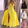 Women Ball Gown Off Shoulder Low-cut V Neck Backless Sleeveless Split Hem Pleated Tight High Waist Floor Length Evening Dress Prom Maxi Dress