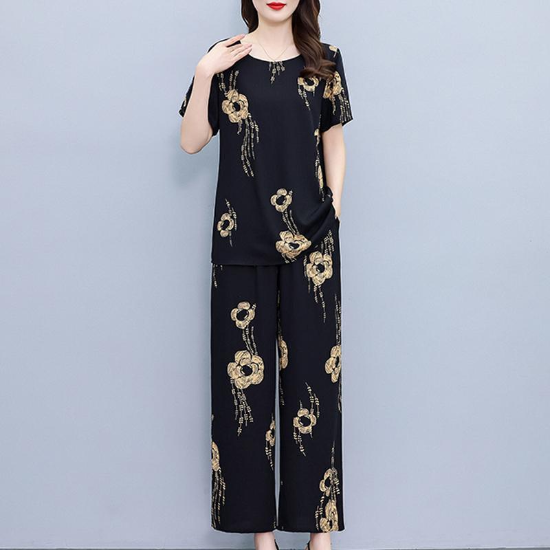Летние комплекты с широкими брюками больших размеров с винтажным принтом, повседневные элегантные свободные комплекты для женщин, комплект из 2 предметов