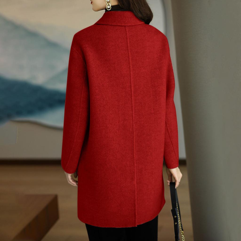 Women's Solid Color Long Sleeve Double Breasted Mid Length Pocket Woolen Coat
