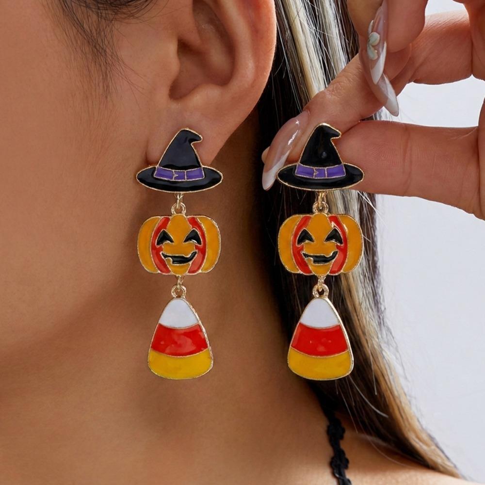 Zircon Pumpkin Ear Studs Crystal Long Tassel Drop Earrings Witch Hat Dangle Earrings Cosplay