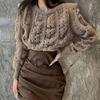 French Autumn Sweater Women's Solid Color Round Neck Hollow Knit Sweater Bubble Sleeve Knit Sweater Top Casual Knit Sweater