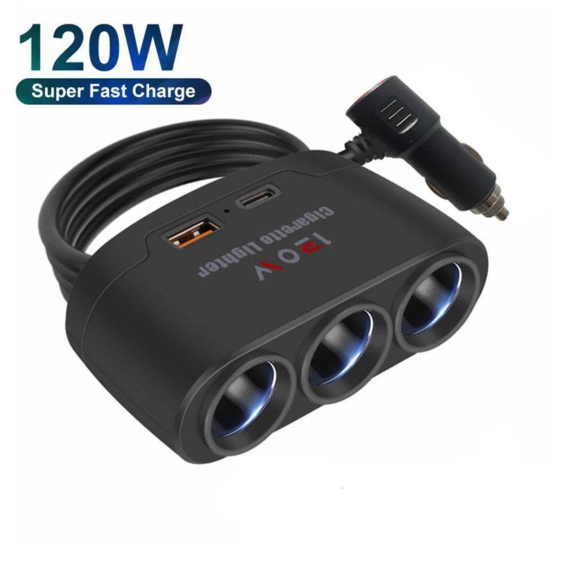 Автомобильные зарядные устройства с двумя портами USB, 3-канальный автомобильный прикуриватель, разветвитель 120 Вт, 12 В, 24 В, автомобильное зарядное устройство, адаптер для iPhone, GPS, видеорегистратор