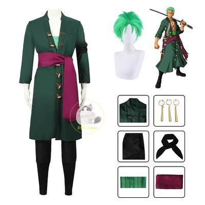 Аниме Roronoa Zoro Косплей Костюм Униформа Зеленый Пальто Пояс Брюки Головной Платок Roronoa Zoro Парик Серьги Хэллоуин Мужская Одежда