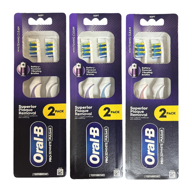 ORAL B Pro-3D White Pulsar Вибрирующая электрическая зубная щетка на батарейках, упаковка 2 шт., вибрирующие щетинки, тонкая ручка со встроенным источником питания