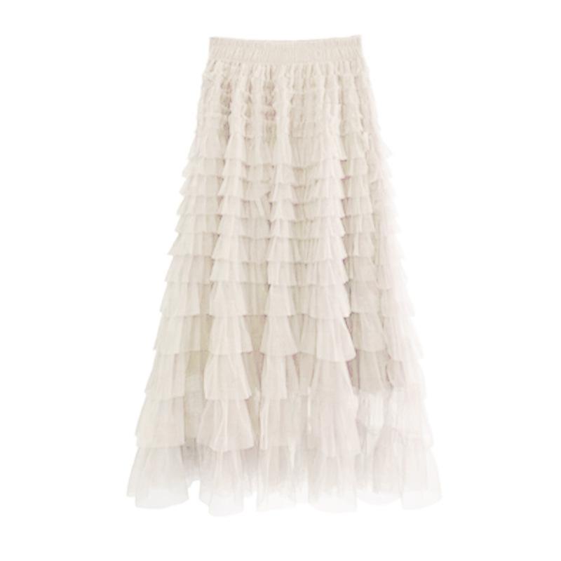 Qooth Осенняя сетчатая пышная длинная юбка в корейском стиле, элегантная винтажная бальное платье с эластичной резинкой на талии и высокой талией, газовая тюлевая юбка QT1989