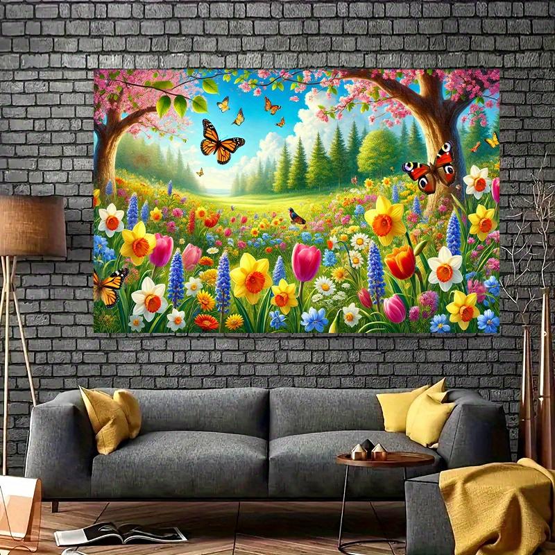1 vibrant Spring Meadow Polyester party banner - hearty greenery and colorful flower design with butterflies and birds