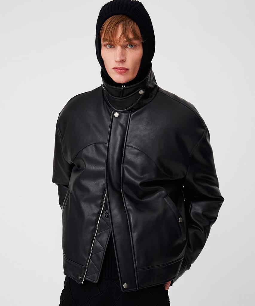 Moonsun Unisex Vegan Leather Goose-Down Puffer Blouson [Black]