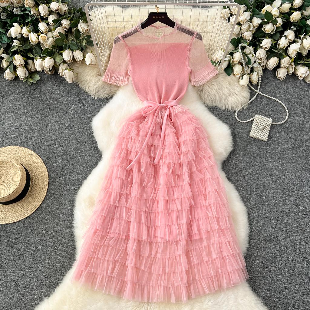 Nomikuma French Women Sweet Mesh Cake Dress Tie Up Waist Slimming Mid Length Elegant Long Cake Dresses 2024 Summer New Vestidos