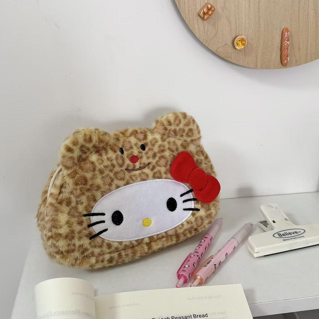 Leopard Print Kitty Pencil Case, Plush Cosmetic Bag, Stationery Box, Student Large-Capacity Storage Bag