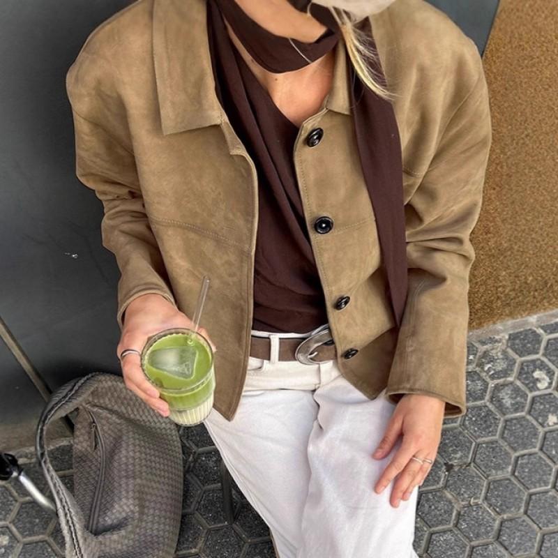 Womens Suede Blazer Jacket Khaki Casual Office Wear Lapel Single-Breasted Long Sleeve