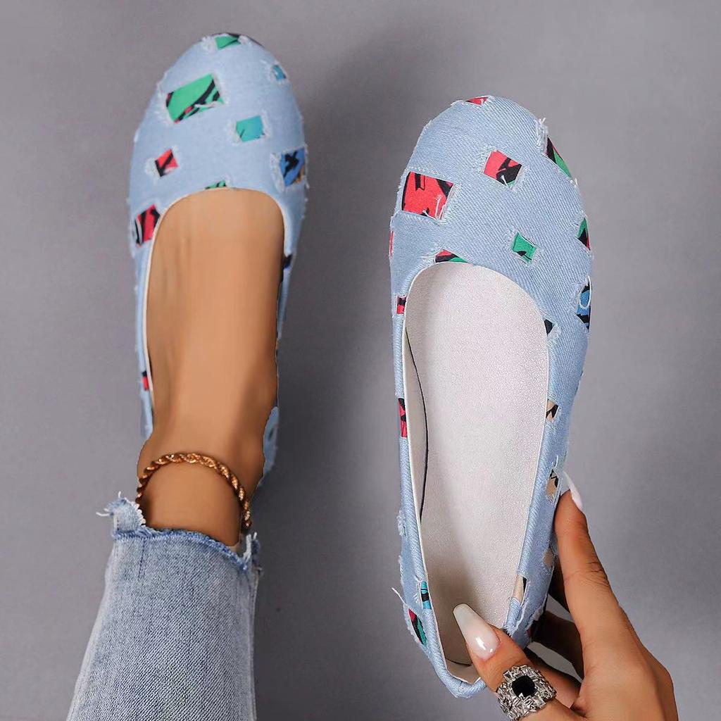 Женские мокасины 2024 года, новые разноцветные лоскутные джинсовые дышащие туфли, балетки, мокасины, повседневные туфли с круглым носком без застежки