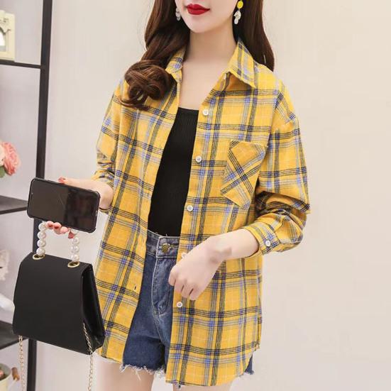 Отложной воротник, длинный рукав, однобортная рубашка с накладными карманами, свободная рубашка, классическая повседневная рубашка с клетчатым принтом, блузка, женская одежда