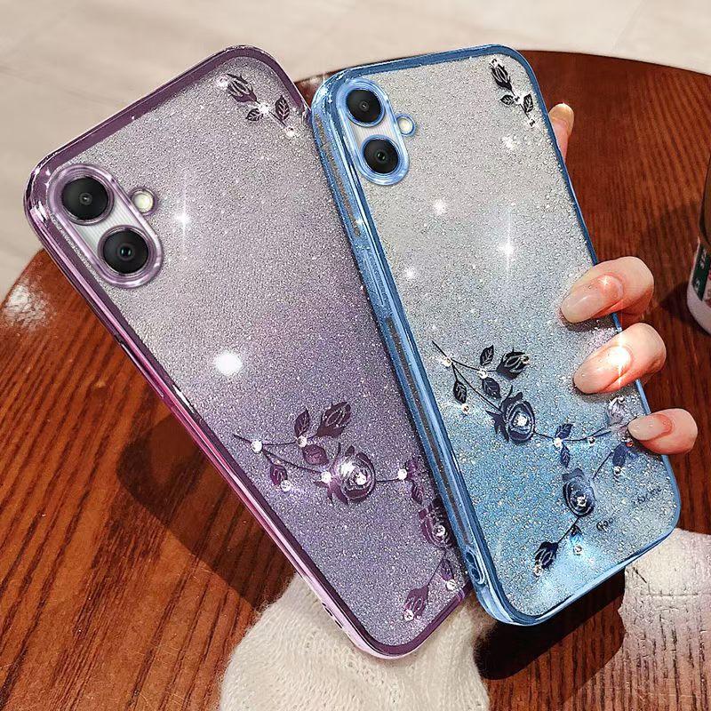 Чехол для телефона Samsung Galaxy A06, A05, A04, A04e, F04, M04 Flash Pink Flower Прозрачный противоударный защитный чехол с роскошным бриллиантовым сиянием